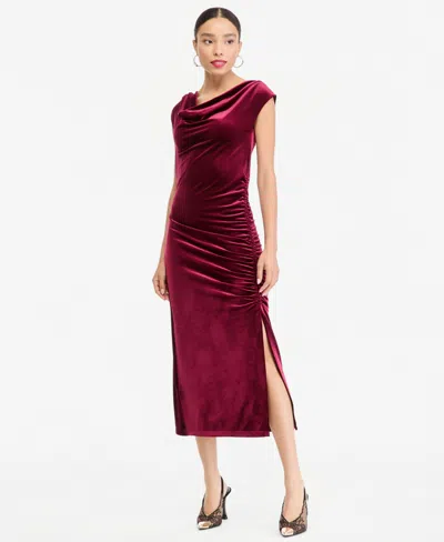 Inc International Concepts Women's Velvet Ruched Cowl-neck Midi Dress, Macy's Exclusive In Berry Wine