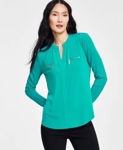 Inc International Concepts Women's Zip-pocket Blouse, Created For Macy's In Fresco Blue