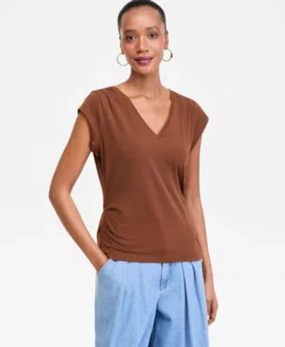 Inc International Concepts Womens Cap Sleeve V Neck T Shirt Macys Exclusive In Brown