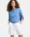 Inc International Concepts Women's Chambray Tie-sleeve Pocket Blouse, Macy's Exclusive In Blue