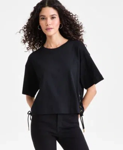 Inc International Concepts Womens Cotton Lace Up Hem T Shirt Macys Exclusive In Black