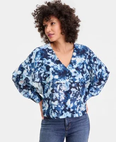 Inc International Concepts Womens Long Sleeve Printed Capelet Blouse Macys Exclusive In Blue