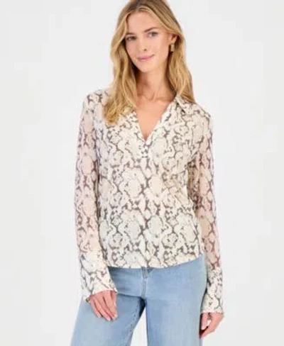 Inc International Concepts Womens Long Sleeve Printed Mesh Collared Top Macys Exclusive In Gray