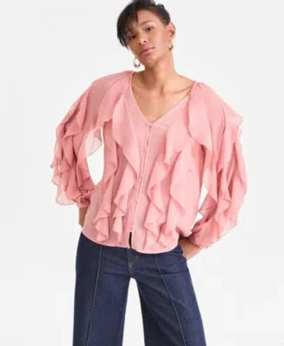Inc International Concepts Womens Long Sleeve Ruffled Blouse Macys Exclusive In Pink