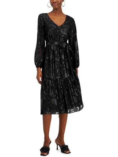 Inc Womens Metallic Floral Tie Waist Midi Dress In Black