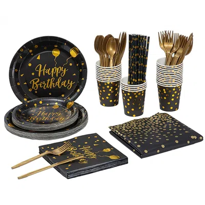 Inc X 201pcs Black Gold Birthday Party Supplies For 25 Guests Happy Birthday Disposable Dinnerware Set Pap
