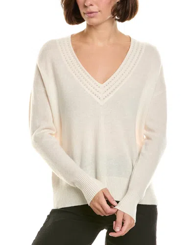 Incashmere Boxy Novelty V-neck 100% Cashmere Sweater In White