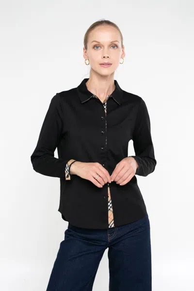 Incashmere Cotton Knit Long Sleeve Shirt With Woven Plaid In Black