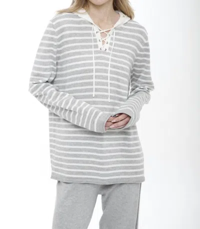 Incashmere Long Sleeve Striped Lace Up Hooded Pullover In Light Grey Heather Combo In Gray