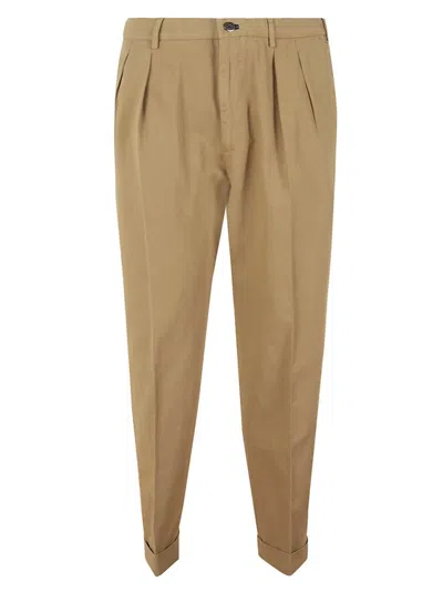 Incotex Camel Cotton Linen Pants With Double Pleats In Brown
