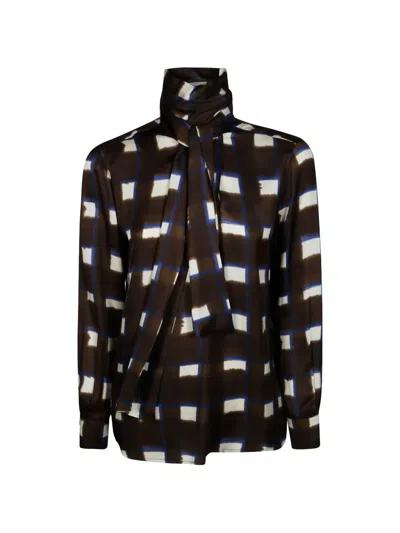Incotex Checkered High-neck Scarf Detail Blouse In Black