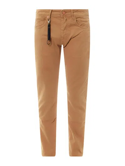 Incotex Stretch Cotton Trouser With Back Suede Logo Patch In Brown