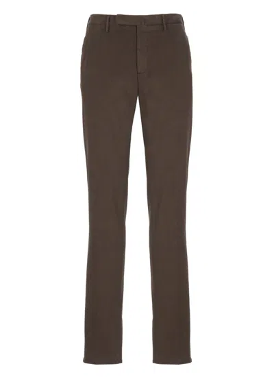 INCOTEX STRAIGHT-LEG BROWN COTTON PANTS WITH CLASSIC DETAILING