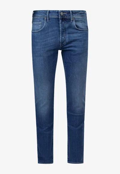 Incotex Suede Logo Patch Slim Jeans In Blue