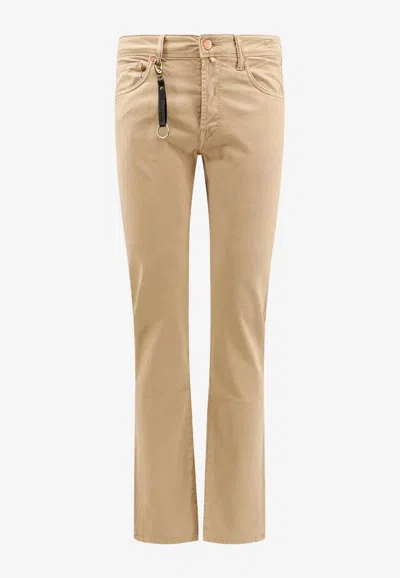 Incotex Suede Logo Patch Straight-leg Pants In Nude