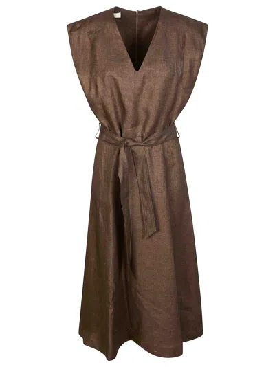 Incotex Rich Brown Linen Belted Flared Midi Dress
