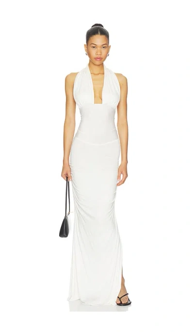 Indah Amanda Solid Halter Maxi Dress In White