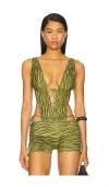 Indah Heart Of Gold Skimpy Printed Deep V Open Back Bodysuit In Ganja
