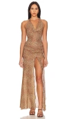 INDAH JLO PRINTED COWL NECK SIDE SPLIT HALTER GOWN