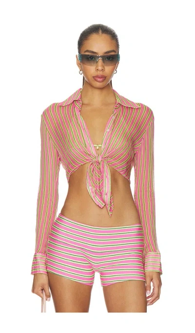 Indah Rhode Printed Long Sleeve Button Up Fitted Shirt In Pink