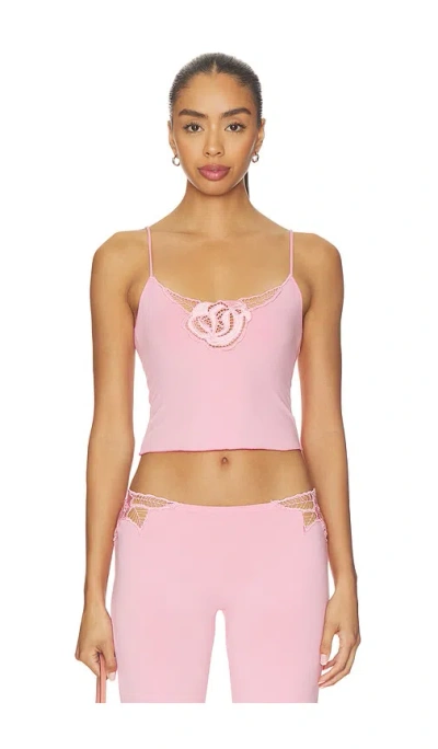 Indah Ruby Solid Tank Top With Embroidered Rose Kerawang Detail In Pink