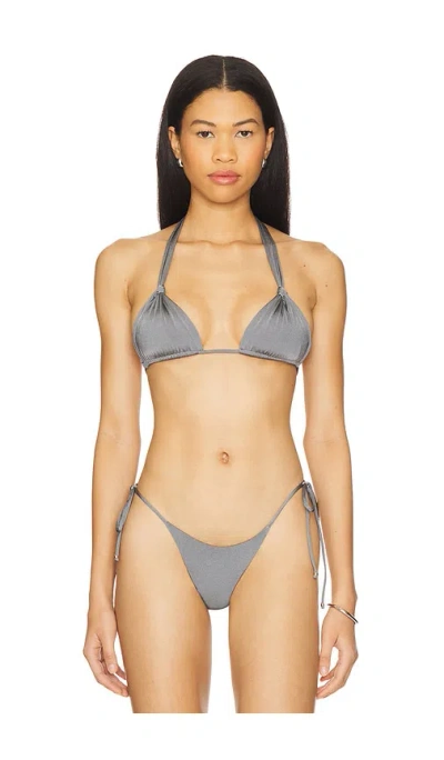 Indah September Solid Cinch Triangle Bikini Top In Metal