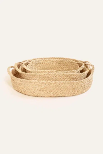 Indego Africa Set Of 3 Nesting Braided Raffia Trays In Beige
