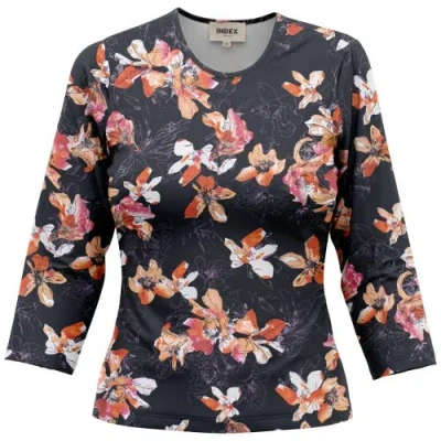 Index Graphic Cotton Round Neck Binding 3/4 Sleeve Tee In Black