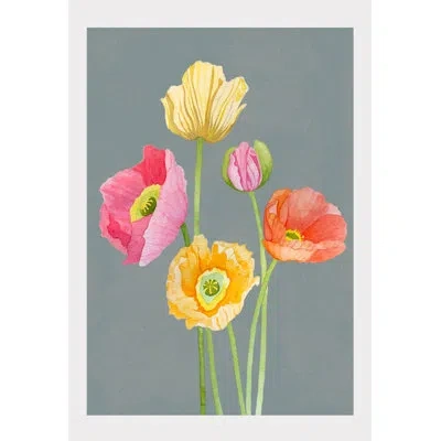 India & Purry Art Print: Mixed Poppies On Grey In Green;gray;yellow;pink;orange