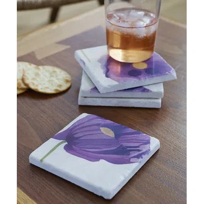 India & Purry Coaster Set: Purple Poppies On Snow In White,purple