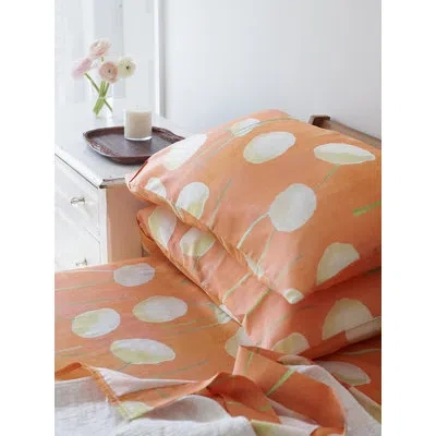 India & Purry Cotton Sateen Sheet Set: Cream Flowers On Orange In Orange;cream