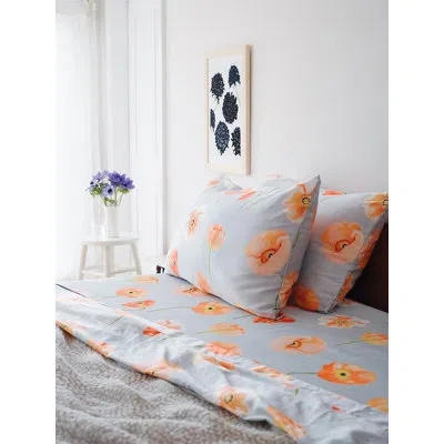 India & Purry Cotton Sateen Sheet Set: Peach Poppies On Grey In Gray;peach