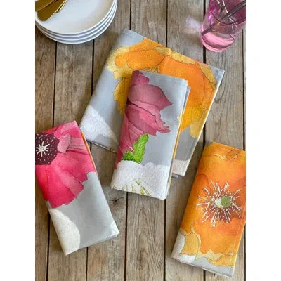 India & Purry Napkin Set: Cactus Flowers On Gray In Gray,pink,orange,white