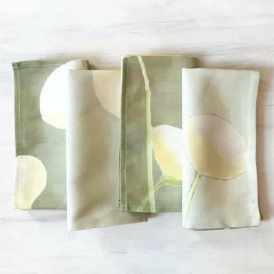 India & Purry Napkin Set: Cream Flowers On Mist In Cream,mist,green,white