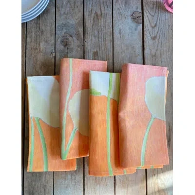 India & Purry Napkin Set: Cream Flowers On Orange In Cream,orange,green,white