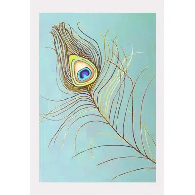 India & Purry Peacock Feather On Aqua - No Frame Print In Aqua,brown,yellow,white