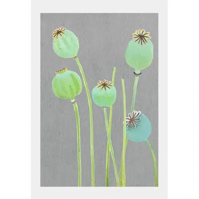 India & Purry Poppy Pods On Gray - No Frame Print In Gray,green,yellow,brown