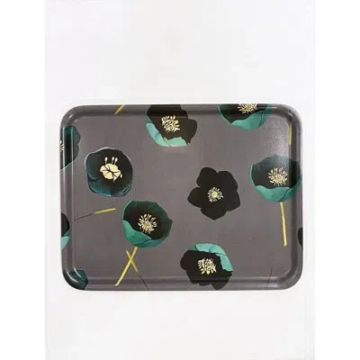 India & Purry Swedish Serving Tray: Green Winter Rose In Green,yellow,charcoal