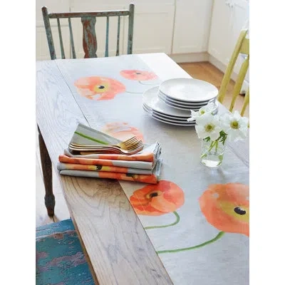 India & Purry Table Runner: Peach Poppies On Grey In Gray