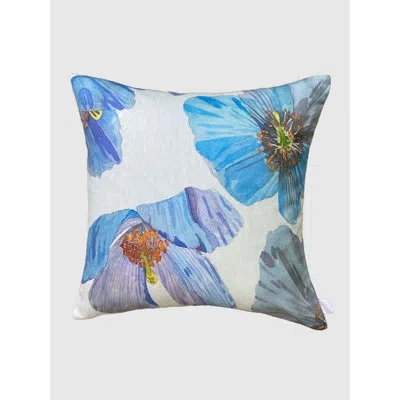India & Purry Throw Pillow: Himalayan Blue Poppies On Ecru