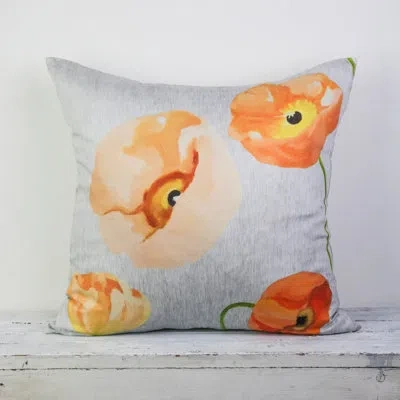 India & Purry Throw Pillow: Peach Poppies On Grey