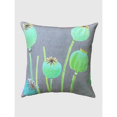India & Purry Throw Pillow: Poppy Pods On Grey In Green,gray