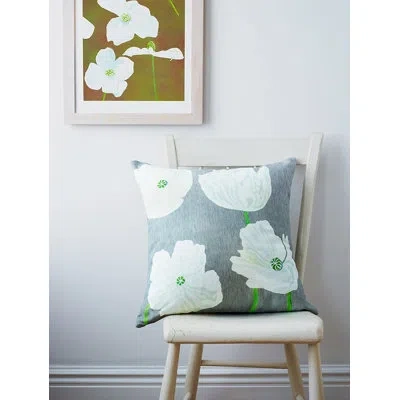 India & Purry Throw Pillow: White Poppies On Grey
