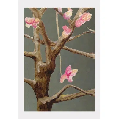 India & Purry Trees With Pink Flowers On Dark Gray - No Frame Print In Dark Gray,pink,brown