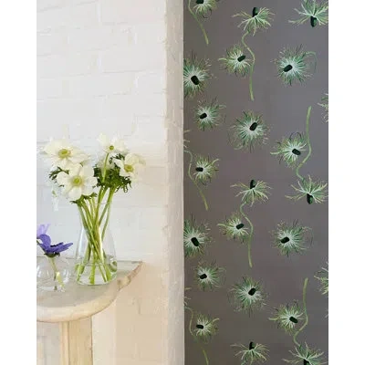 India & Purry Wallpaper: Green Thistle On Grey In Gray