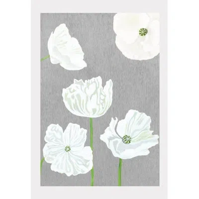 India & Purry White Poppies On Gray - No Frame Print In White,gray,green