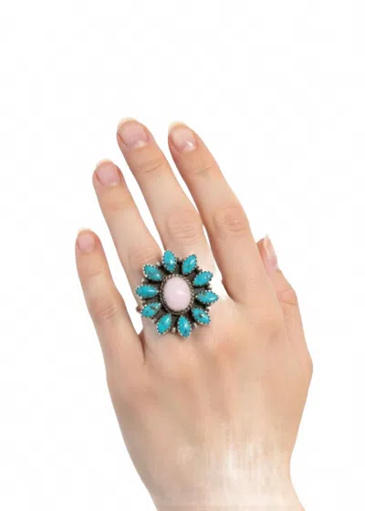 Indian Touch Of Gallup Women's Handcrafted Kingman Opal Adjustable Ring In Turquoise And Pink In Multi