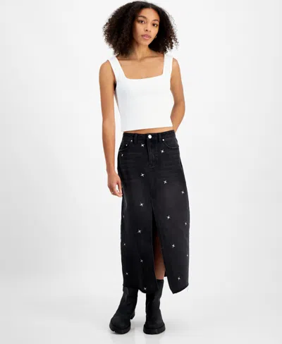 Indigo Rein Juniors' Embroidered Denim Midi Skirt In Black