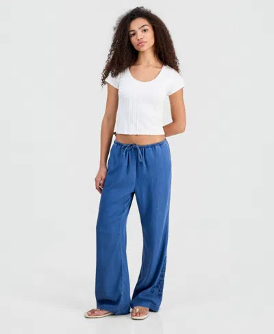 Indigo Rein Juniors' Chambray Eyelet-hem Drawstring Pants In Blue