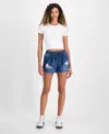 Indigo Rein Juniors' Distressed Drawstring Denim Shorts In Blue
